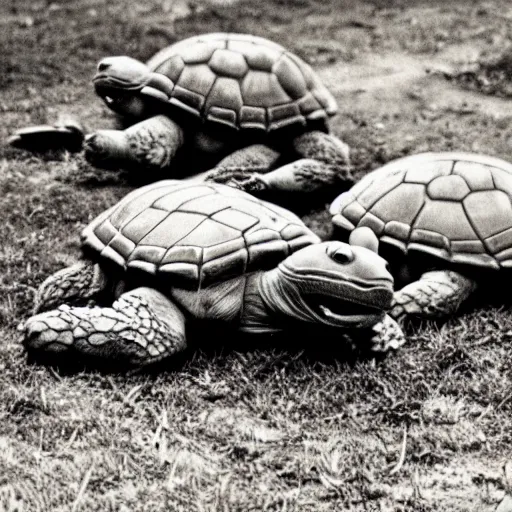 Prompt: teenage mutant hero turtles fighting in the Vietnam War, analog photograph, gritty, 1967