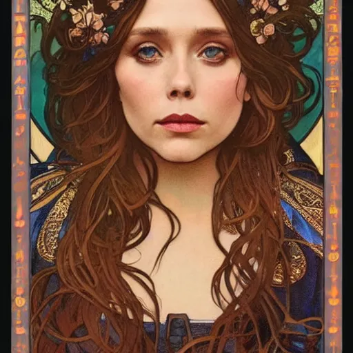 Image similar to elizabeth olsen portrait by louis - theophile hingre and alphonse mucha, realistic, sharp focus, zodiac signs, tarot cards, planets, ethereal, art nouveau, magic, moon, sun, crown, dreamy, royal, jewellery