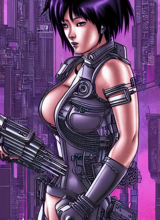 Image similar to motoko kusanagi in grungy cyberpunk megacity, intricate and finely detailed, cyberpunk vaporwave, portrait by j scott campbell