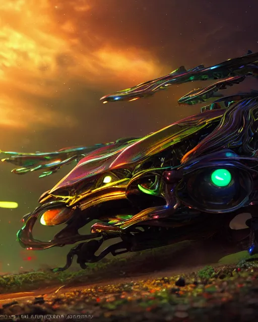 Image similar to detailed photo of rainbow stag beetle shaped alien vehicle, 8 k, by daniel mcgarry, xiaolong wang, trending on artstation, hyper detailed, beautiful lighting, epic environment