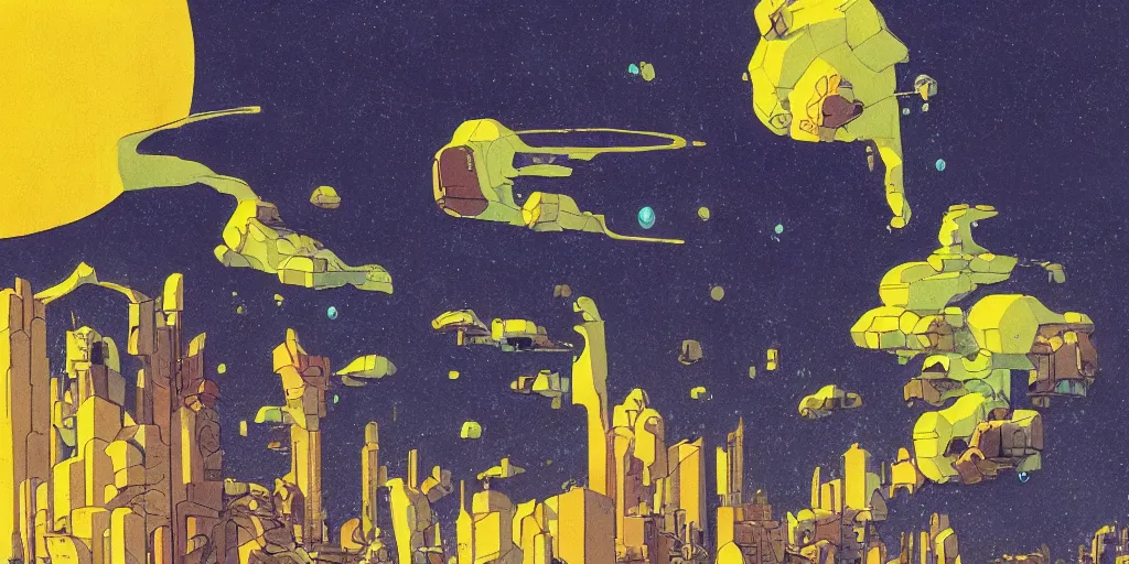 Image similar to sci - fi, matte gouache illustration, gigantic woman speaking to floating cats in the air, cubes of ice around, a lot of tears, people crying, ominous, style by moebius. yellow colors
