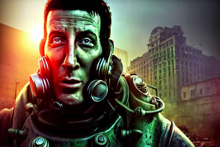 Image similar to fallout 5, adam sandler closeup, portrait, outdoors european cityscape, atmospheric lighting, painted, intricate, volumetric lighting, beautiful, daytime, winter, clear weather, mutated wildlife, sharp focus, deep colours, ultra detailed, art by william turner