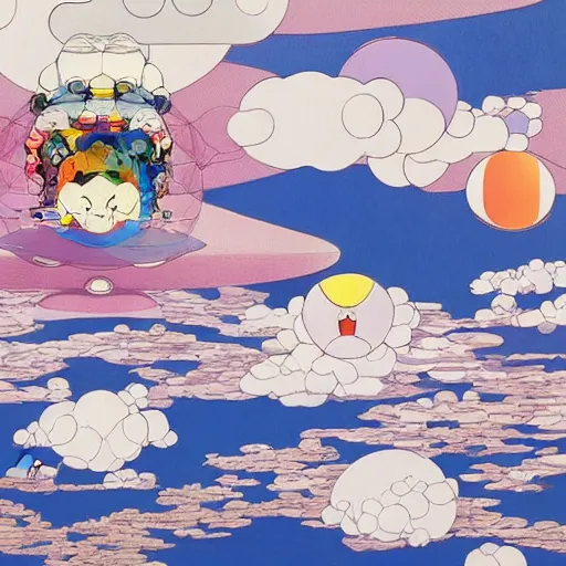 Image similar to a man walking on clouds above kyoto by takashi murakami, beeple and james jean, aya takano color style, 4 k, super detailed