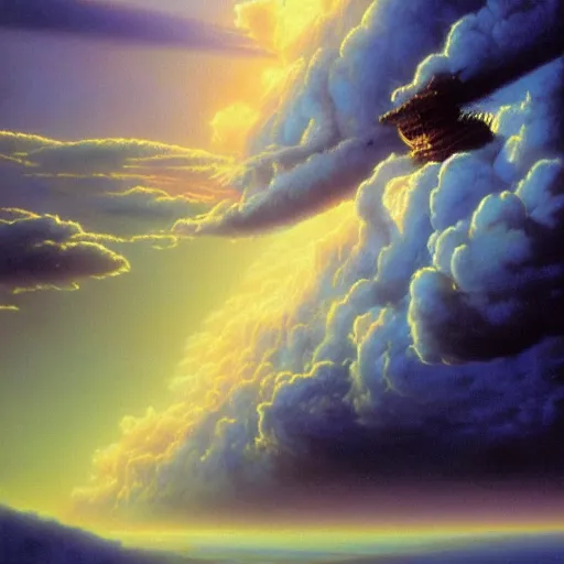 Prompt: cinematic view of a dreamy and surreal cloudscape, masterpiece, tim hildebrandt, wayne barlowe, syd mead, john harris, bruce pennington, donato giancola, larry elmore, oil on canvas, artstation, pixiv, cinematic composition, dramatic, beautiful lighting, sharp, details, hd, hdr, 4 k