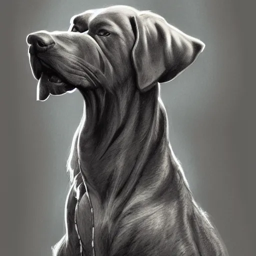 Image similar to big friendly dog with drool on face staying on bottom legs in full height near closed doors with big gate value, concept art, trending on artstation, highly detailed, intricate, sharp focus, digital art, 8 k