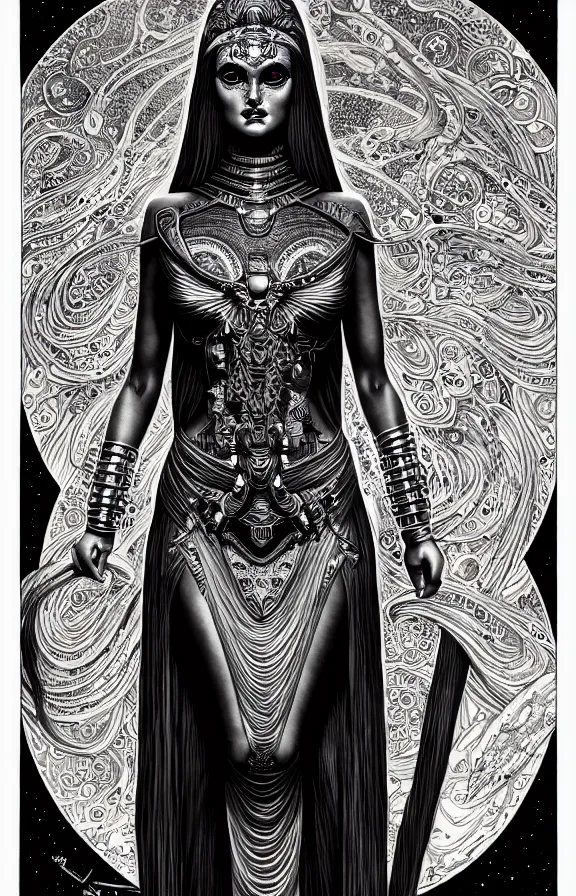 Image similar to ancient goddess, extremely detailed, bold line art, by vincent di fate and joe fenton and artgerm, oizys, inking, etching, screen print, inkblots of color, masterpiece, trending on artstation, sharp, high contrast, hyper realistic, hd, 4 k, 8 k