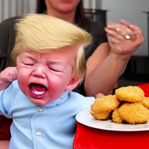 Image similar to Donald trump as a man baby crying, sitting in a high chair, because his mom is with holding a plate chicken nuggets, mannerism,