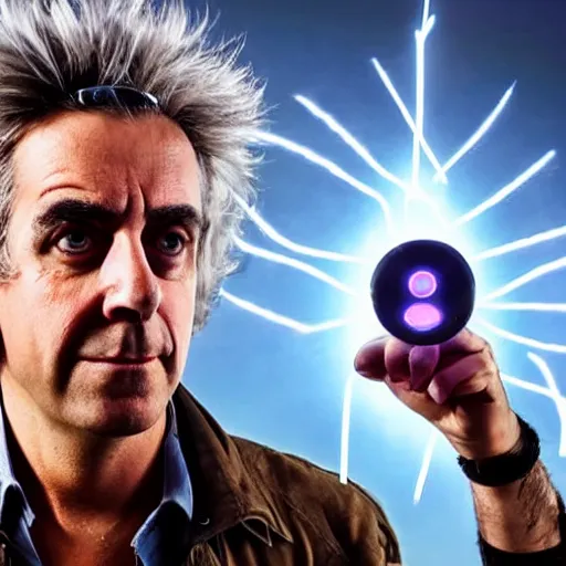 Image similar to Rick Sanchez as a real-life person, studio portrait, real-life-action movie star, holding a portal gun, opening a portal, Rick Sanchez