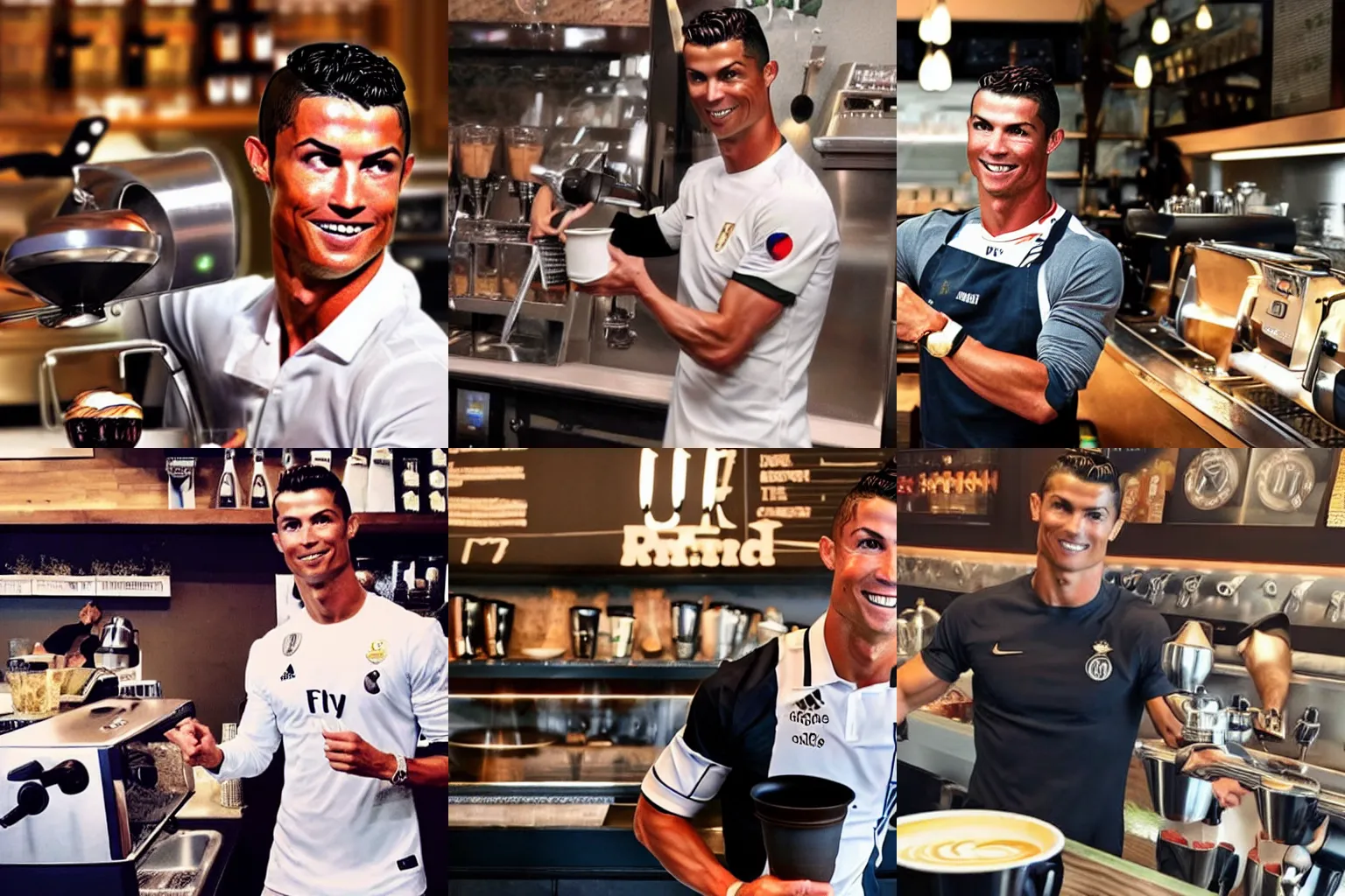 Prompt: Cristiano Ronaldo as a barista, realistic photo