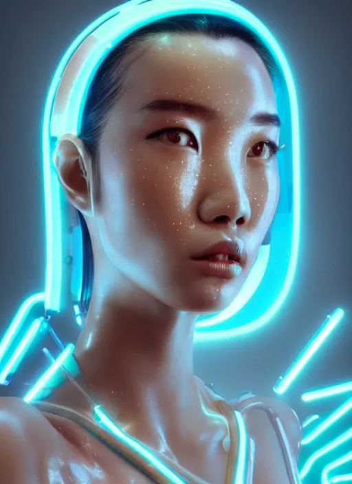 Image similar to an asian female humanoid with freckled cheeks, cyber neon lighting, futurism, intricate futuristic metal jewelry, cyberpunk glossy white latex swimwear, profile posing, hyper photorealistic, crispy quality, digital photography, trending in artstation, trending in pinterest, cinematic, 4 k ultra hd, art by pascal blanche, art by greg rutkowski,