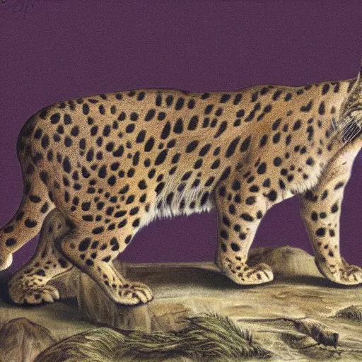 Image similar to an extinct sabertooth cat, cat with huge fangs, naturalist illustration