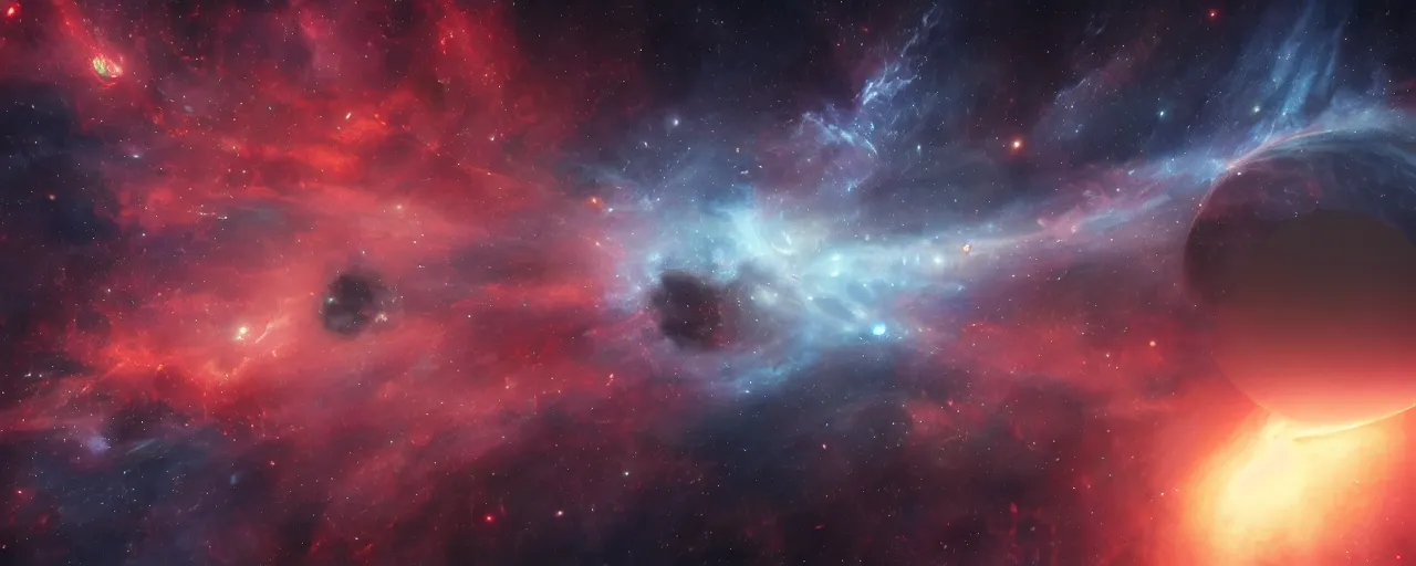 Image similar to movie still, thin horizontal nebula, a dark epic galaxy, space scene, dark scifi, unreal engine, octane render, detailed and intricate, global illumination, volumetric lighting, hubble telescope images, james webb telescope images, houdini fluid simulation, detailed and intricate environment