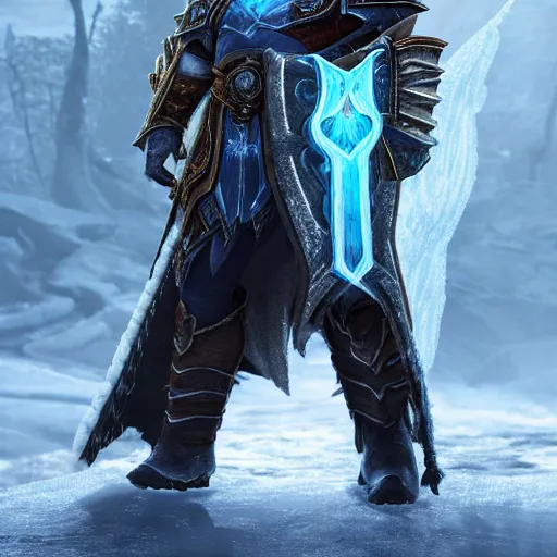 Image similar to 4 k unreal engine render of garen wearing frozen lich king's armor with frostmourne ultra details full body digital art