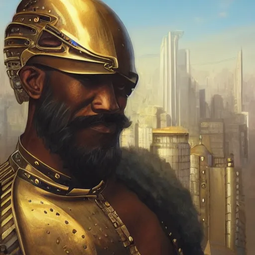 Prompt: futurepunk warrior, giant hammer, portrait, brass metal armor, buff, brown skin african, brown eyes, bald, badass beard, urban city at background, high fantasy, tech, digital painting, highly detailed, smooth, sharp contrast, by artgerm and greg rutkowski and alphonse mucha, artstation