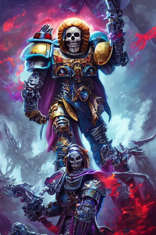 Image similar to TV poster of a AI movie starring Skeletor from he-man TV show in a Warhammer 40k Armour,art by Artgerm, Dan Mumford, d&d style, fantasy, ultra detailed, octane render, soft light