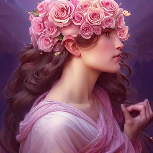 Image similar to perfectly detailed goddess princess of pink roses!! blessed by nature with ever - increasing physical mental perfection, symmetrical! intricate, highly detailed, biblical divine holy perfection!! digital painting, artstation, concept art, smooth, sharp focus, illustration, art by artgerm and greg rutkowski and alphonse mucha