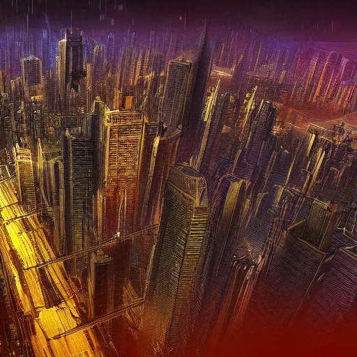 Image similar to aerial shot of the impressive dystopian cyberpunk city at night during amazing storm