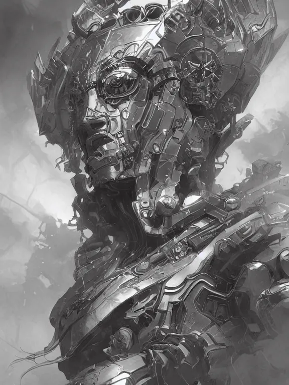 Prompt: robotic revenant, giant, monster, dnd, highly detailed, detailed face, grayscale, tenebrism, manga illustration, by artgerm, greg rutkowski, alphonse mucha