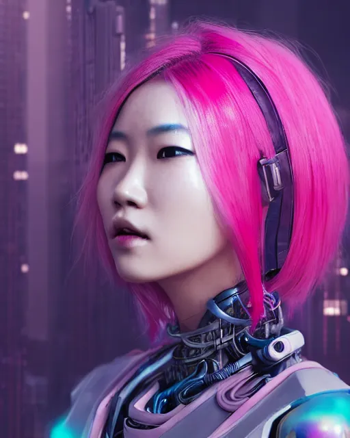 Image similar to portrait of a beautiful asian woman with pink hair as a cyberpunk cyborg half robot, sci - fi, missing panels, intricate abstract upper body intricate artwork, concept art, octane render, deviantart, cinematic, key art, hyperrealism, iridescent accents, portrait photograph, nikon 3 5 mm, photograph by greg rutkowski