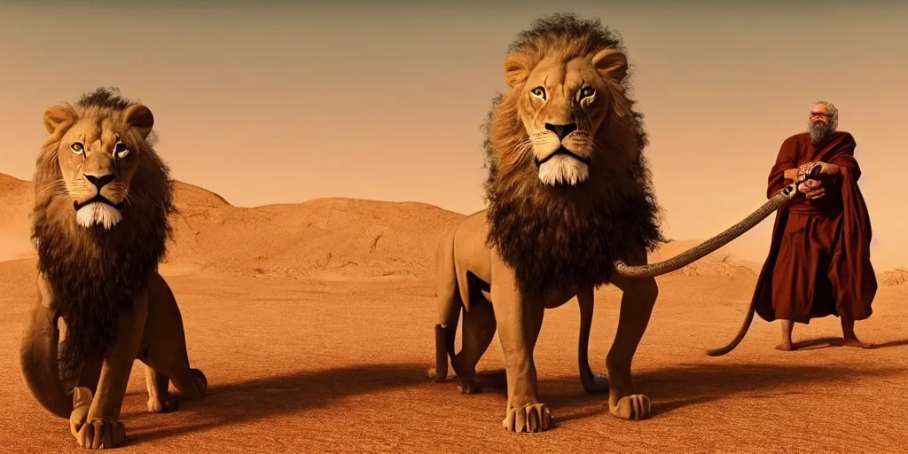 Image similar to a wise old man with a long white beard wearing a hooded tunic, riding a lion in the desert, the man in holding a snake as though it where handlebars and the lion is holding the snake in its mouth, epic cinematic establishing shot, dramatic lighting