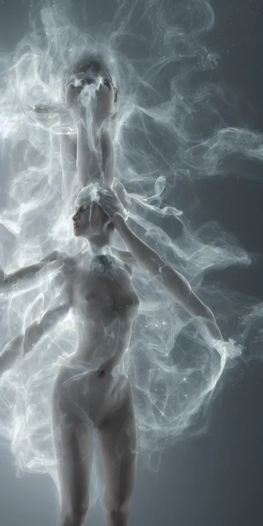 Prompt: a beautiful radiant goddess of light with many arms obscured by wisps of smoke and dust particles, numerous arms and hands, fluid simulation, particle simulation, ephemeral, highly detailed, hyperrealism, octane render