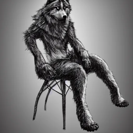 Image similar to a wolf like a human sitting on the chair in a galaxy, digital art, Marvel Comics, trending on ArtStation, detalied, high quality