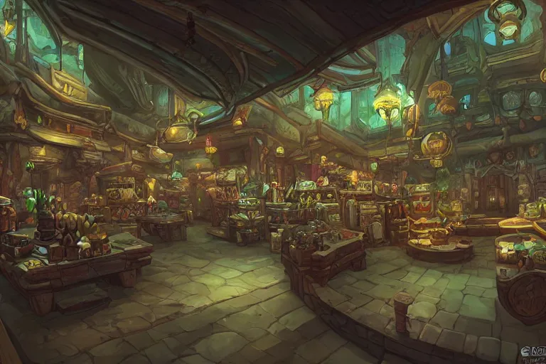 Image similar to interior wide angle shot of a fantasy coastal market place in the style of arcane league of legends, christopher c. lee, moebius, makoto shinkai