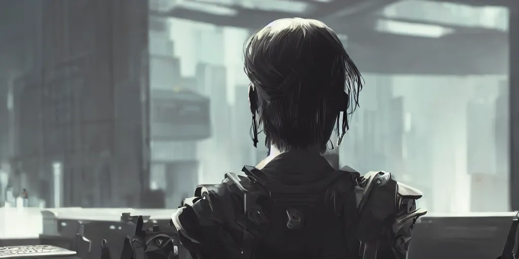 Prompt: closeup of An anonymous short hair brunette guard seen from the back sitting in front of a cyberpunk dystopian desk with matrix falling text cyberpunk, artstation