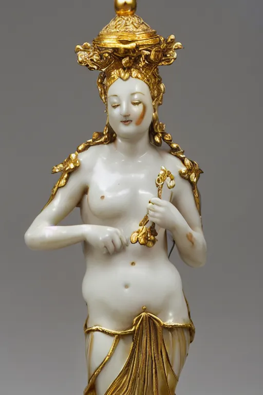 Image similar to mnemosine goddess statue sculpted in polished chinese porcelain with gold foils covering his head, made by antonio corradini, ultrarealistic, detailed, 8 k