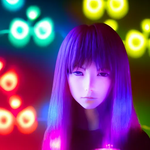 Prompt: photorealistic, faceless anime girl wearing a string of RGB lights around