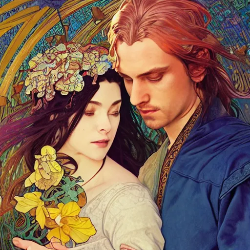 Image similar to lyanna stark and rhaegar targaryen bright colorful, zen, minimalist, sunny environment, highly detailed, realistic, up close shot shinji aramaki, karol bak, alphonse mucha