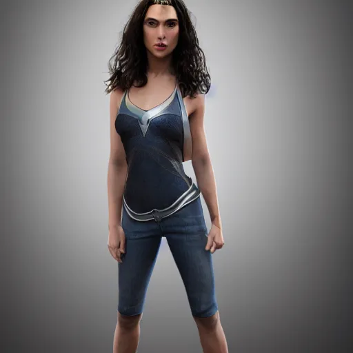 Image similar to gal gadot full body photo portrait, she is wearing lots of clothes, cycles render, octane render, studio lighting, 8k, bokeh