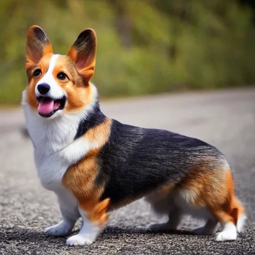 Image similar to A portrait of a corgi wearing yoga pants, natural lighting, realistic