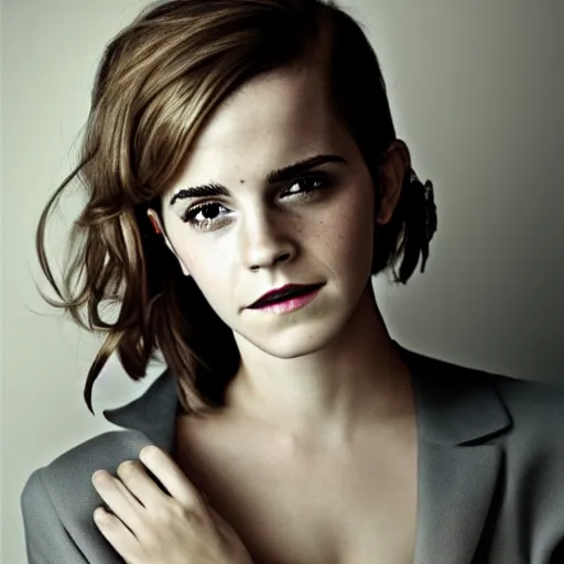 Prompt: Emma Watson by Annie Leibovitz, XF IQ4, 150MP, 50mm, f/1.4, ISO 200, 1/160s, natural light, Adobe Photoshop, Adobe Lightroom, DxO Photolab, Corel PaintShop Pro, rule of thirds, symmetrical balance, depth layering, polarizing filter, Sense of Depth, AI enhanced, HDR