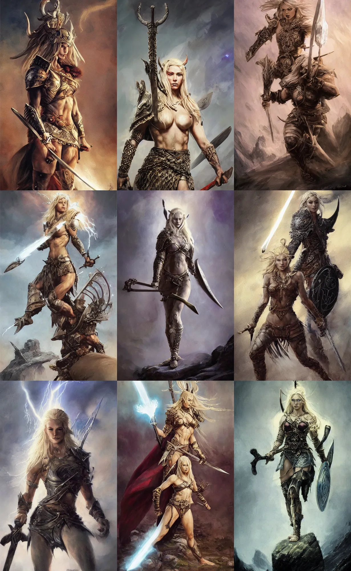 Prompt: A mixed media painting of the beautiful blonde viking goddess of war with a sword of lightning walking into battle, very aesthetic, detailed face, by Frank Frazetta, Greg Rutkowski, Boris Vallejo, Beeple, Yoko Taro, Christian MacNevin, epic fantasy character art, goddess of anger, viking runes, elven, high fantasy, CGsociety, full length, exquisite detail, post-processing, low angle, masterpiece, cinematic, odin's stone arena background