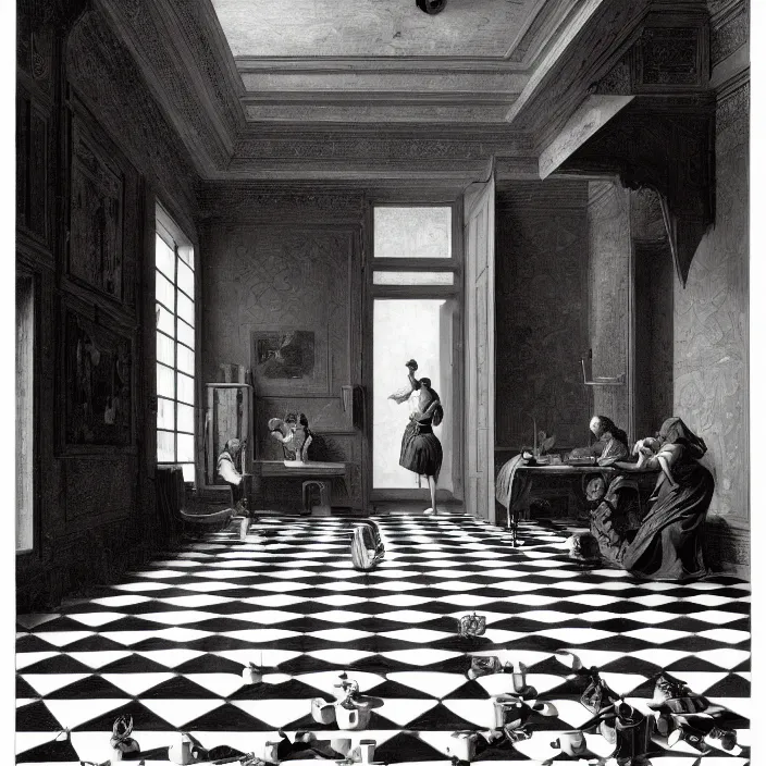 Prompt: pieter de hooch, trending on artstation, highly detailed, black and white checkerboard floor in the middle of the rainforest, intricate, elegant