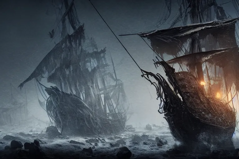 Image similar to a pirate ship with elaborate design driven by skeletons in the middle of a snowstorm, dark souls inspired, elden ring inspired, octane render, rtx, unreal engine 5, digital painting, trending on artstation, highly detailed, epic composition, 8 k uhd