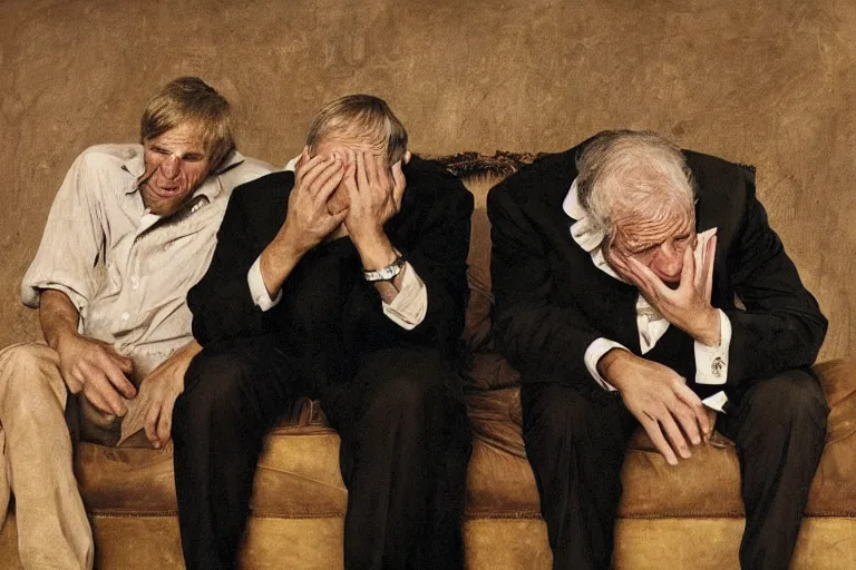 Prompt: a portrait of the three richest men in the world, crying. by anne leibovitz