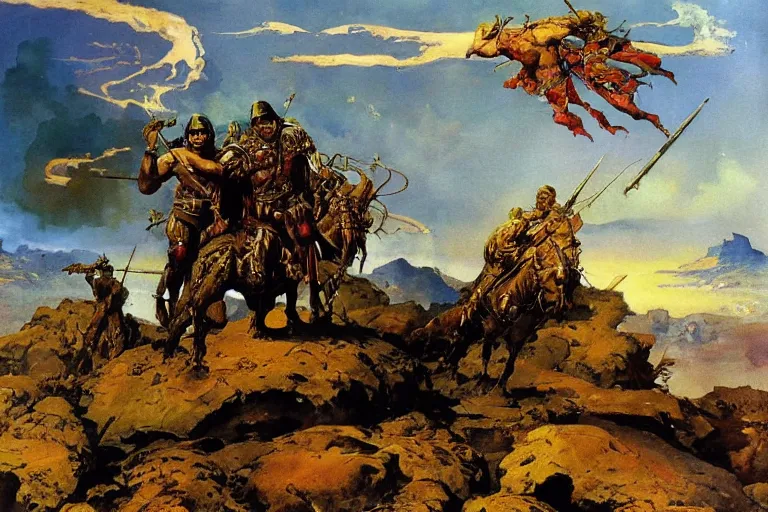 Image similar to a beautiful painting of a rocky landscape covered with bodies of medieval soldiers in shiny armors, dawn, by Frank Frazetta, by Georgia o keeffe, by Gustave Moreau