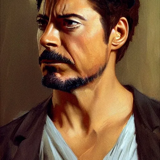 Image similar to Bouguereau painting .close up of attractive robert downey tony stark.wearing iron man armor