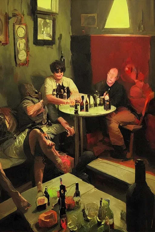 Image similar to punk rockers drinking brutal and raw wine, inside a tiny green room with red lights by joaquin sorolla, greg rutkowski, bill sienckiwicz, extremely detailed