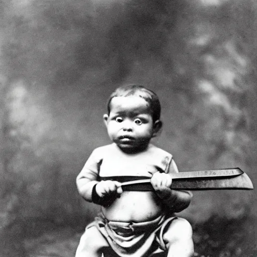 Prompt: a photograph of a baby with a machete taken in 1 8 9 0