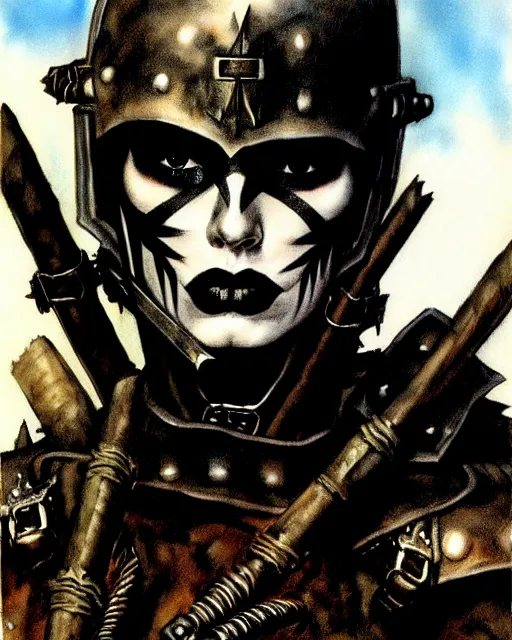 Image similar to portrait of a skinny punk goth soldier wearing armor by simon bisley, john blance, frank frazetta, fantasy, barbarian