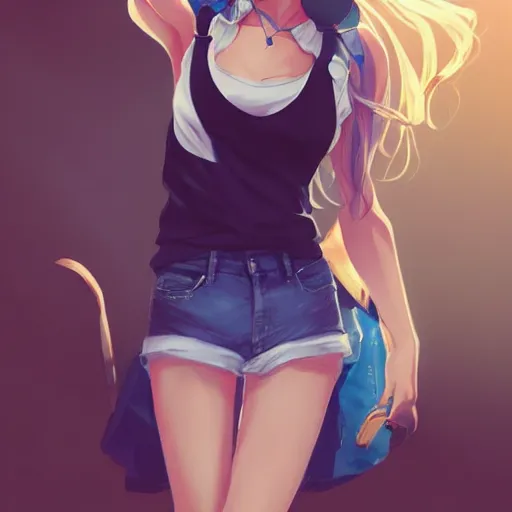cute catgirl in a spaghetti top and short shorts, wlop, Stable Diffusion