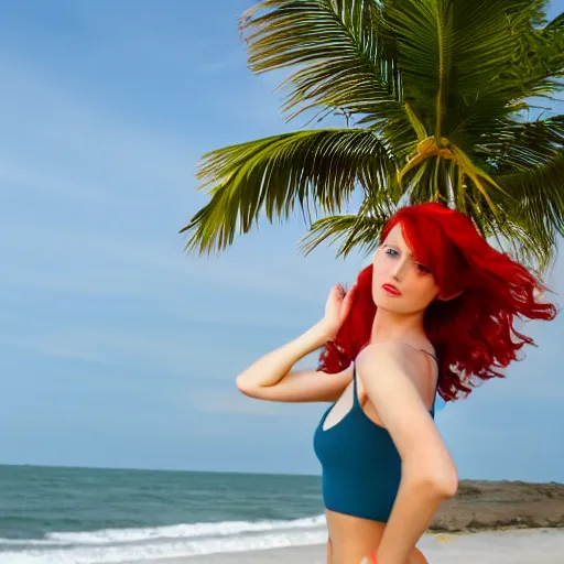 Prompt: red haired girl on beach with a palm tree