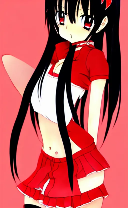 Prompt: anime girl with a detailed face and black hair in a red outfit, full body, bottom half of photo, trending, illustration