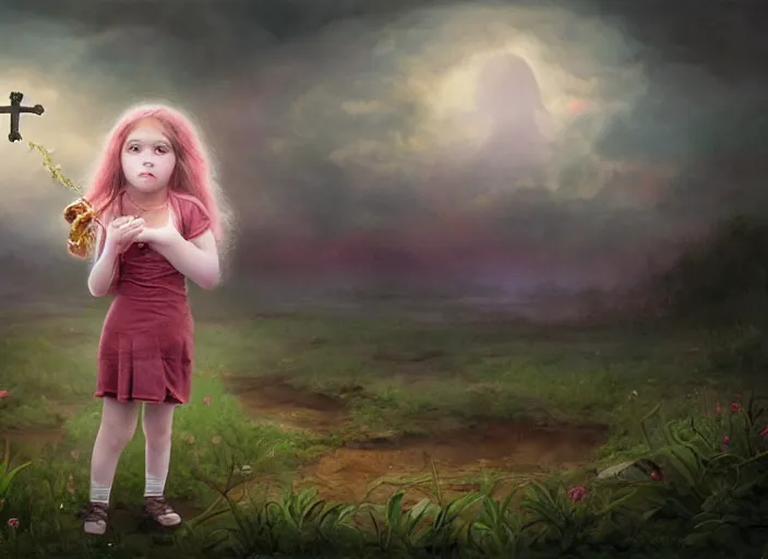 Prompt: a little girl with a cross fights off terrified demons, clear face and bright eyes. 8 k, matte painting, lowbrow in the style of lilia alvarado, mark ryden and martin johnson heade,