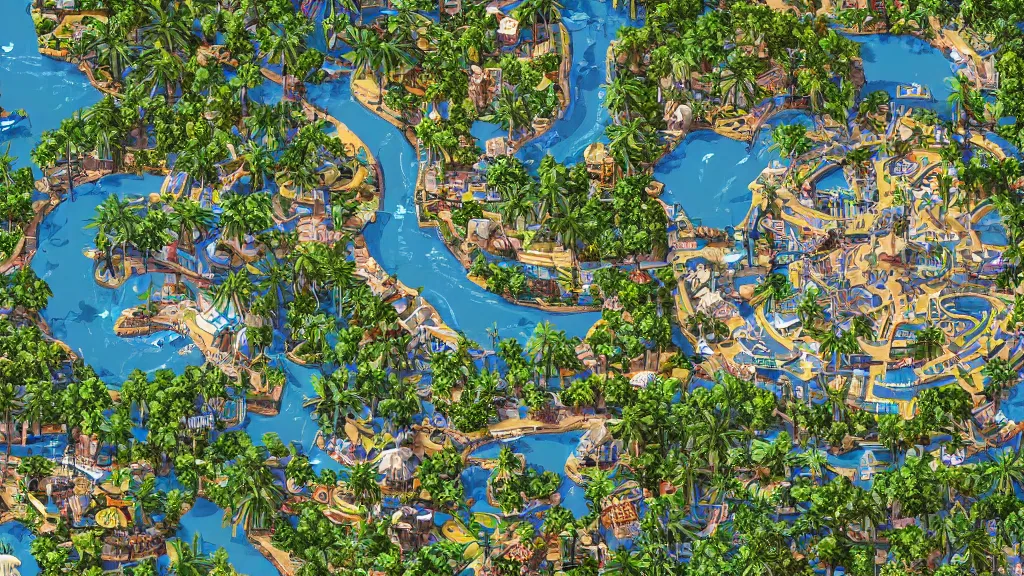 Prompt: a overhead map of a large tropical city with palm tree oasis in the center surrounded by rivers and a pools, trending on artstation