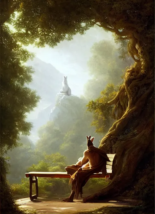 Image similar to a beautiful close - up shot from a fantasy film featuring a humanoid pine marten with golden eyes wearing a loose white tunic reading on a bench. joseph ducreux, greg rutkowski.