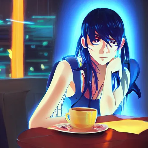 Prompt: beautiful anime painting of a woman with dark - blue hair sitting in a cyberpunk cafe, neon lights outside, by makoto shinkai, kimi no na wa, artstation, atmospheric, high detail